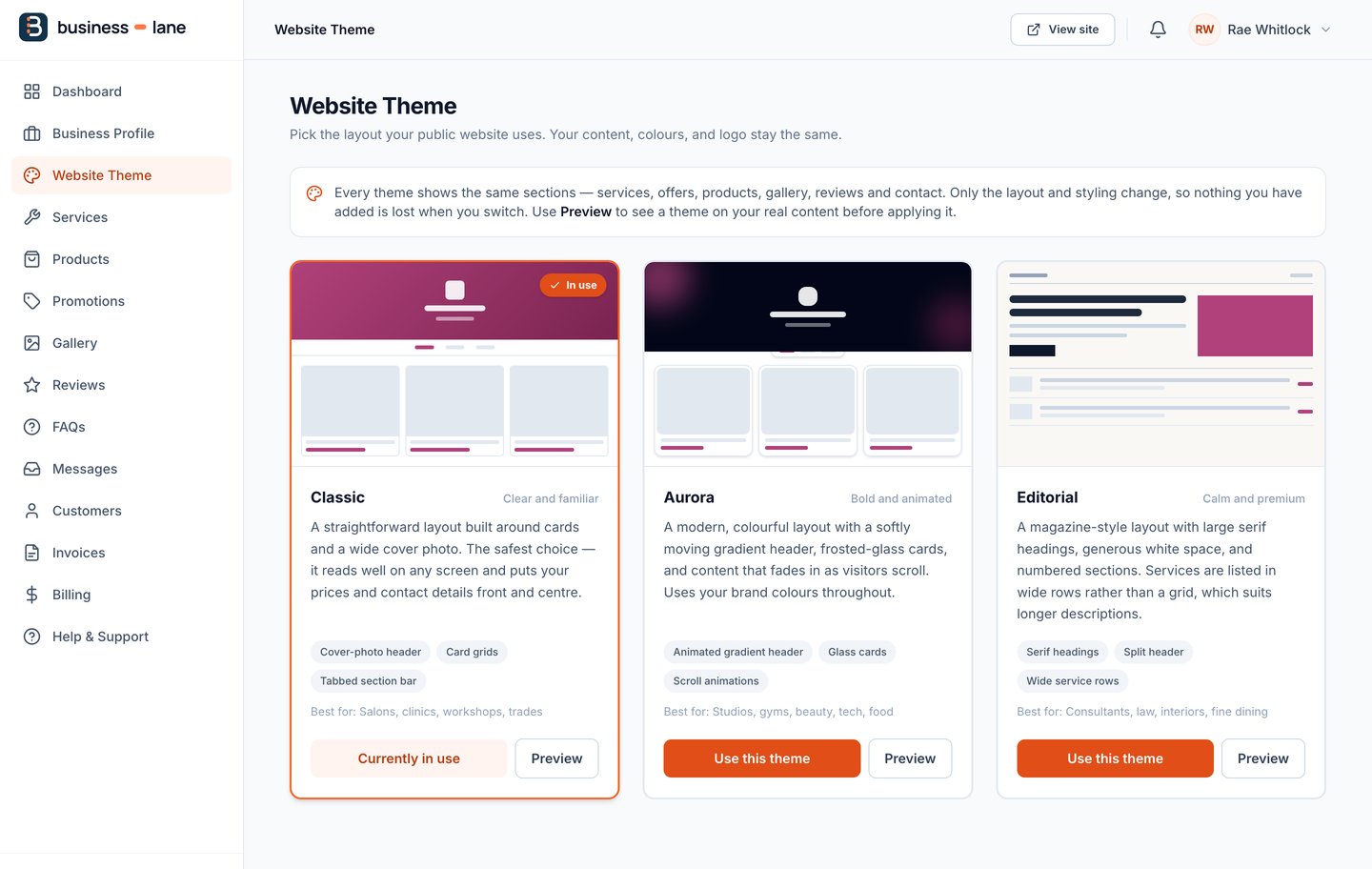 The theme picker in the dashboard, showing the Classic, Aurora and Editorial layouts side by side
